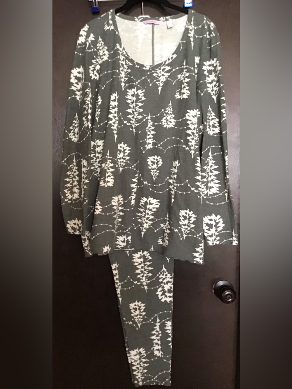 AnyBody Waffle Knit Olive Green and White Printed Trees Lounge or Pajama Set